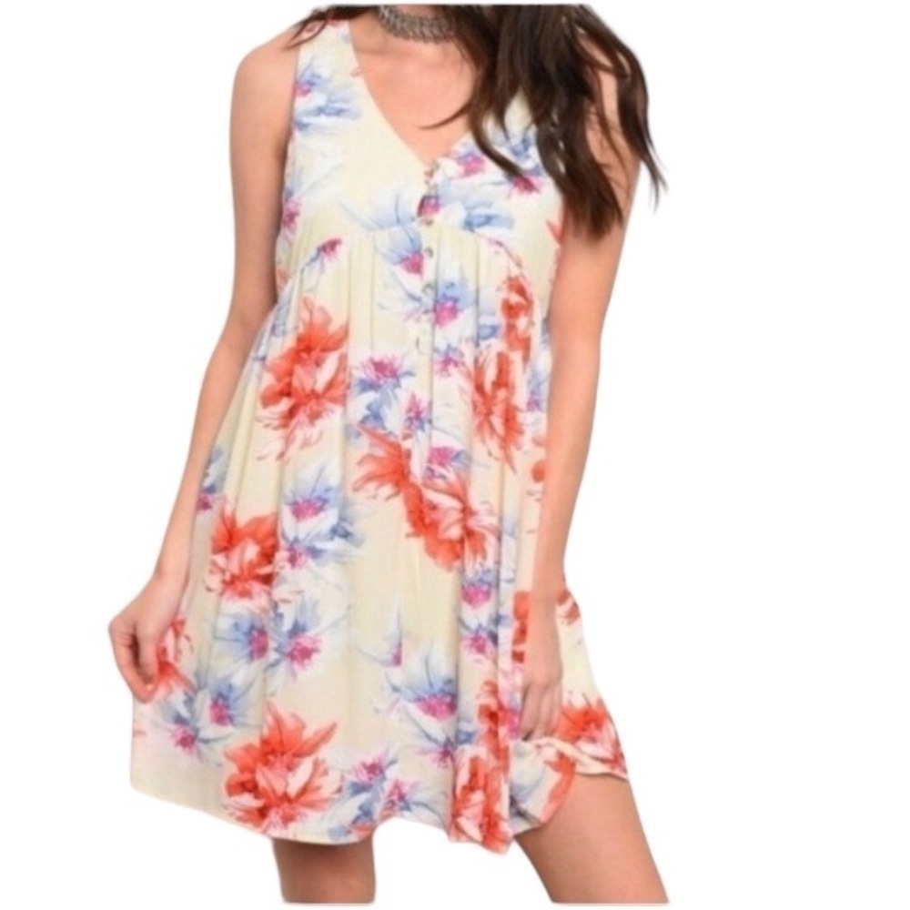 PEACH LOVE Dress Calif Fit & Flare Sleeveless Cream Red Blue Floral Women L